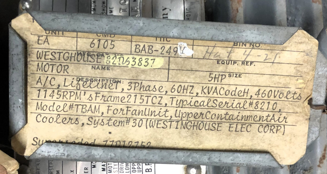 Westinghouse Life-Line T 5HP 460V 3 Phase 60Hz Air Over Motor TBAM NOS