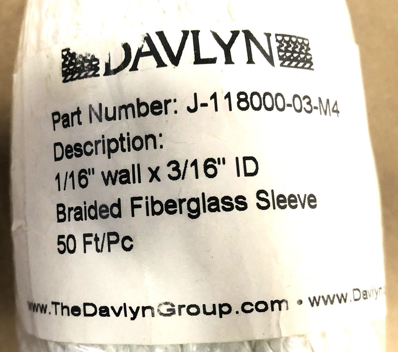 Davlyn 50FT/Pc 1/16IN Wall 3/16IN ID Braided Fiberglass Sleeve J-118000-03-M4NOS