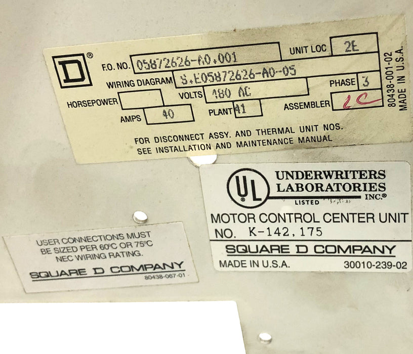 Square D 40AMP 480VAC 3PH MCC Bucket FHP3605016M (K-142,171) USED