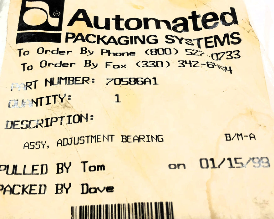 Automated Packaging Systems Bearing Adjustment Assembly 70586A1 NOS