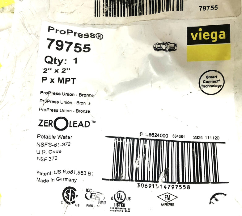 Viega Pro-Press 2x2 Inch PxMPT Bronze Male Union 79755 NOS