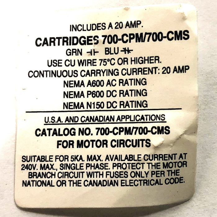 Allen-Bradley 20A 600V Contact Cartridge 700-CPM NOS