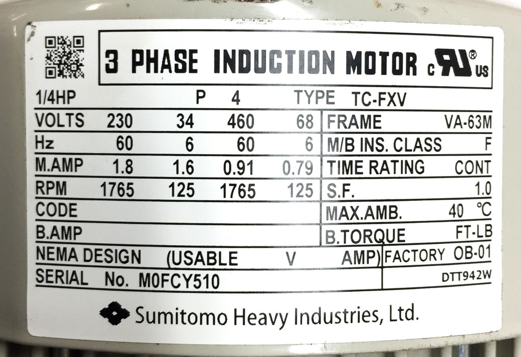 Sumitomo 1/4 HP Hyponic 3-Phase Induction Motor RNYM02-1220-AV-50 NOS