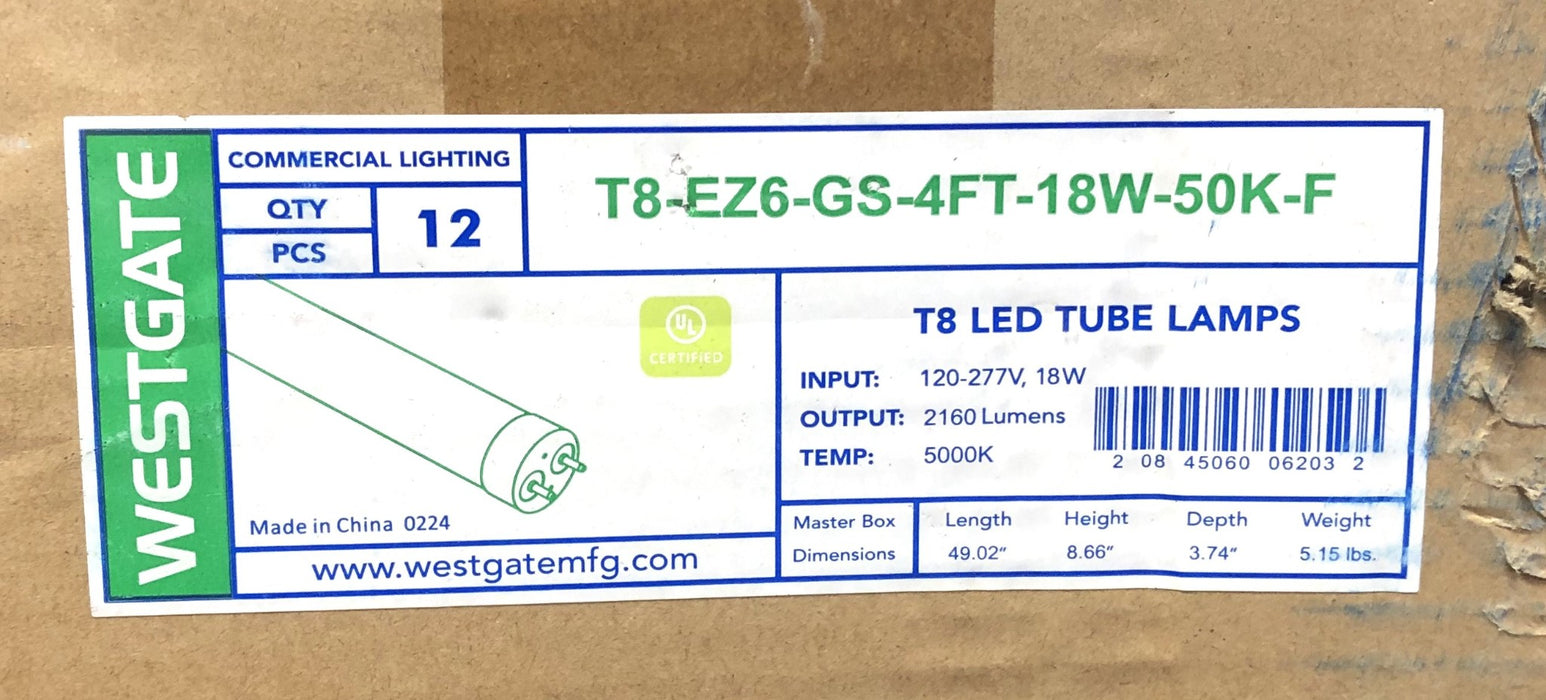 Westgate Case Of 12 120-277V 18W LED Tube Lamps T8-EZ6-GS-4FT-18W-50K-F NOS