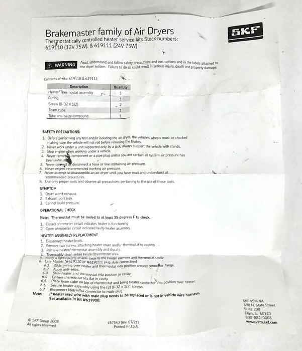 SKF Air Dryer Heater Kit 619111 (HTRKIT) USED