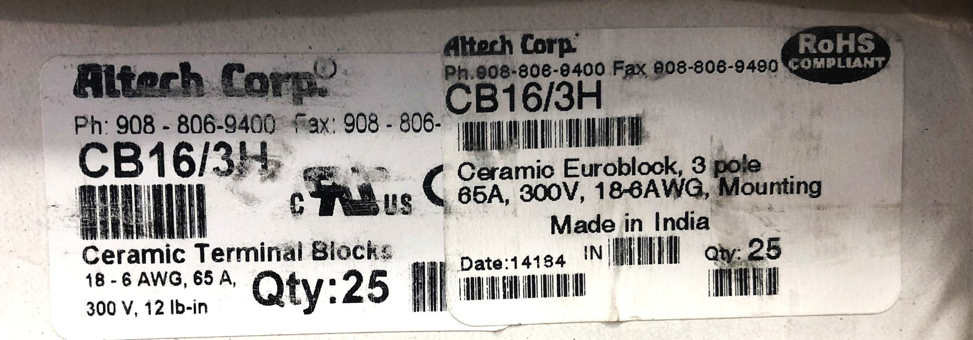 Altech Corp 3 Pole 65A 300V 18-6AWG Ceramic Euroblock CB16/3H [Lot of 25] NOS