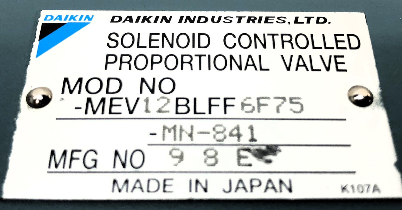 Daikin Solenoid Controlled Proportional Valve Open Plug MEV12BLFF6F75-MN-841 NOS