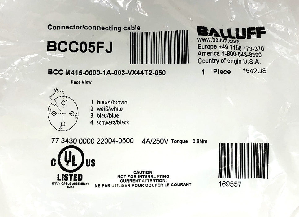 Balluff 4A 250V Connecting Cable BCC05FJ (BCC M415-0000-1A-VX44T2-50) NOS