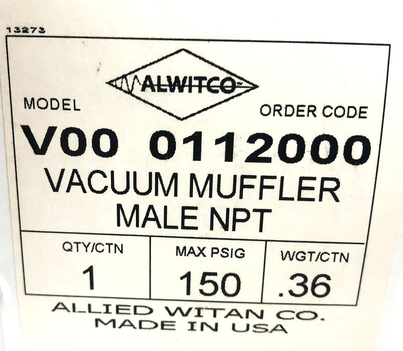 Alwitco 150PSIG Male NPT Vacuum Muffler V00-0112000 NOS