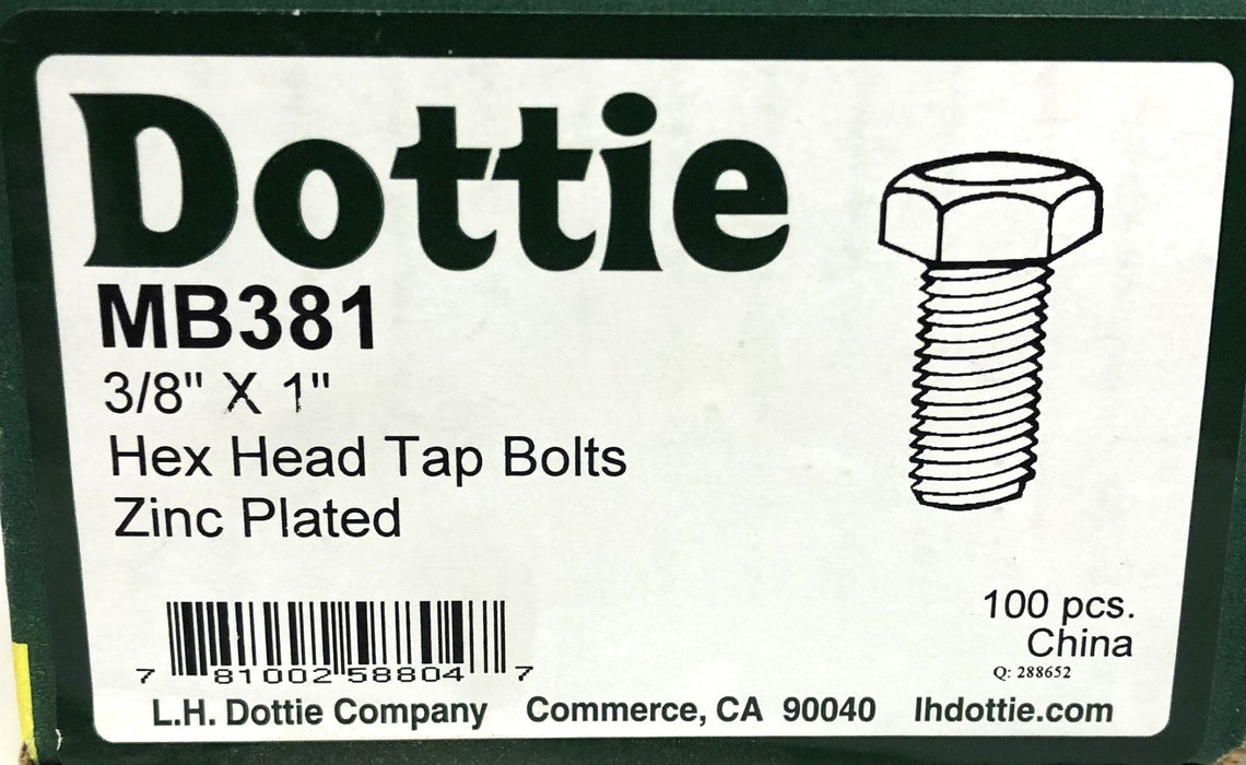 Dottie 100 Piece Box 3/8x1 Inch Hex Head Tap Bolts MB381 NOS