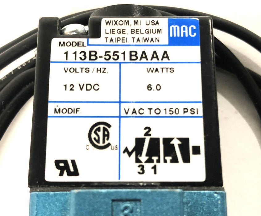 MAC 12VDC 6.0 Watts VAC To PSI 3-Way Valve 113B-551BAAA NOS