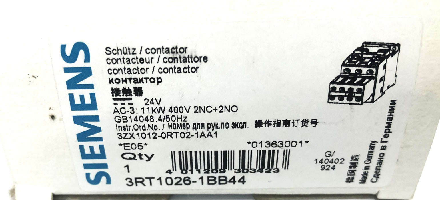 Siemens 24V AC-3 11kW 400V 2NC+2NO GB14048 4/5Hz Contactor 3RT1026-1BB44 NOS