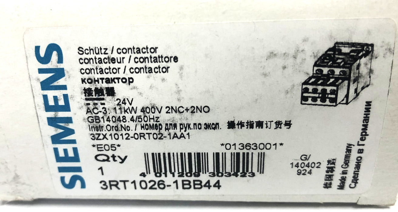 Siemens 24V AC-3 11kW 400V 2NC+2NO GB14048 4/5Hz Contactor 3RT1026-1BB44 USED
