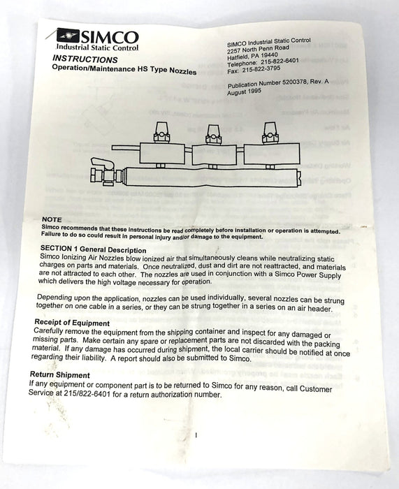 SIMCO Series HS Static Control Nozzle 4720035 USED