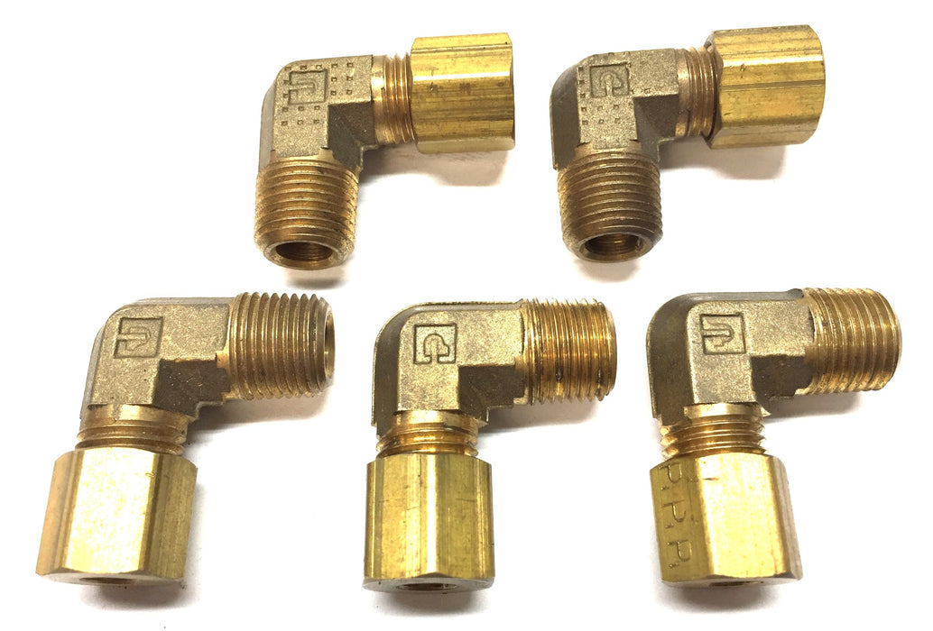Parker 7/16"-20 x 3/8"-24 Brass Compression 90-Degree Fitting [Lot of 5] NOS