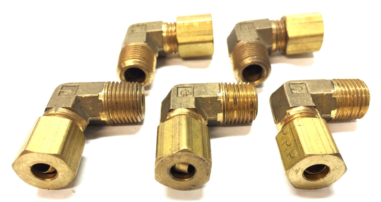 Parker 7/16"-20 x 3/8"-24 Brass Compression 90-Degree Fitting [Lot of 5] NOS