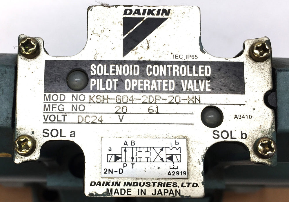 Daikin Solenoid Controlled Pilot Operated Valve KSH-G04-2DP-20-XN USED