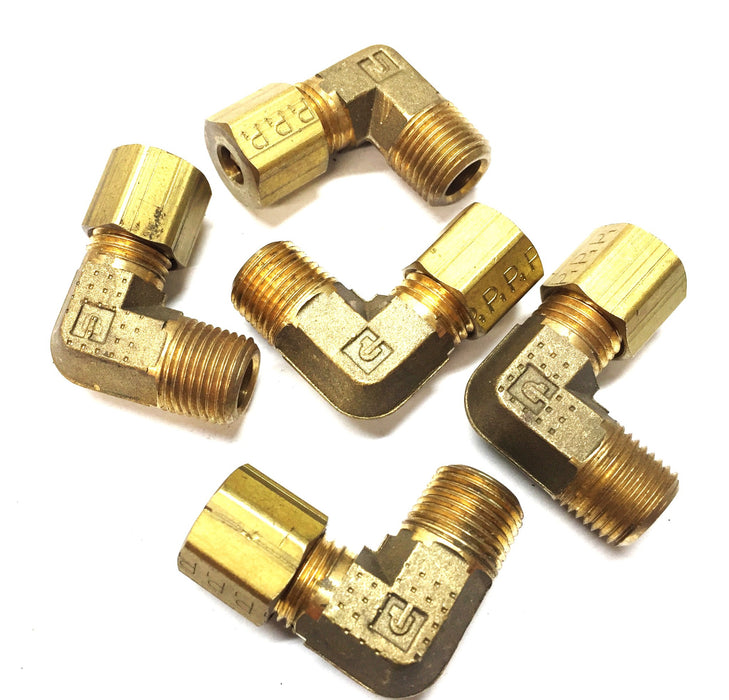 Parker 7/16"-20 x 3/8"-24 Brass Compression 90-Degree Fitting [Lot of 5] NOS