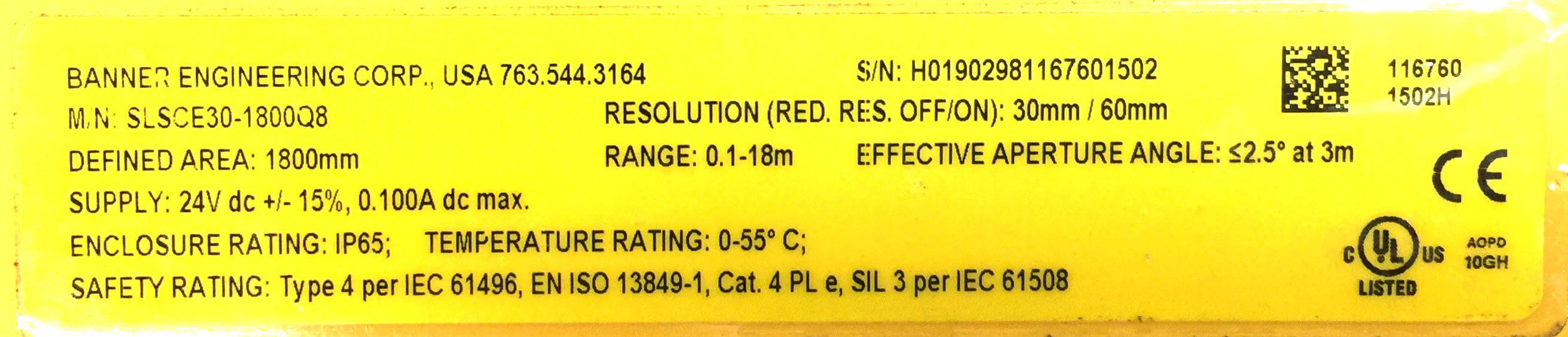 Banner EZ-Screen Safety Light Screen SLSCE30-1800Q8 USED