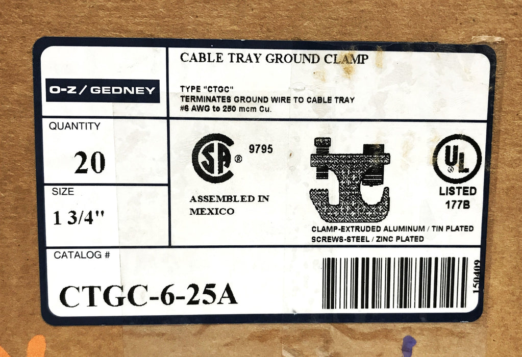 Gedney Cable Tray Ground Clamp GTGC-6-25A [Lot of 20] NOS