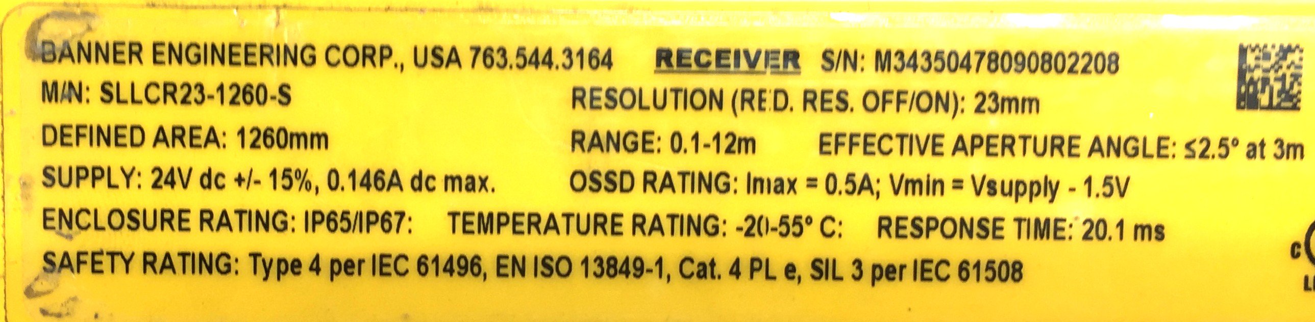 Banner EZ-Screen LS Receiver SLLCR23-1260-S USED
