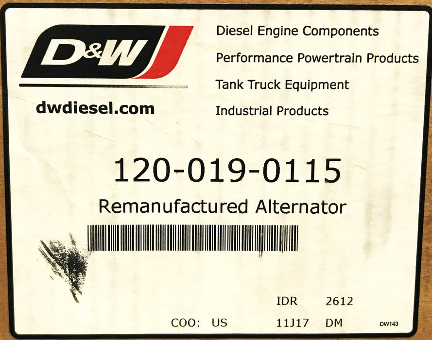 D&W 12volt 105amp Alternator 120-019-0115 REMANUFACTURED