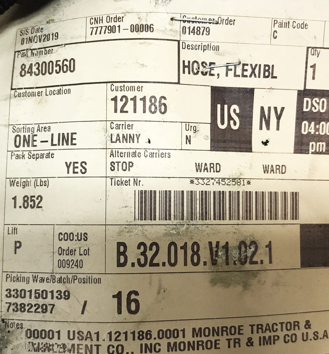 Case Flexible Hydraulic Hose Assembly 84300560 NOS