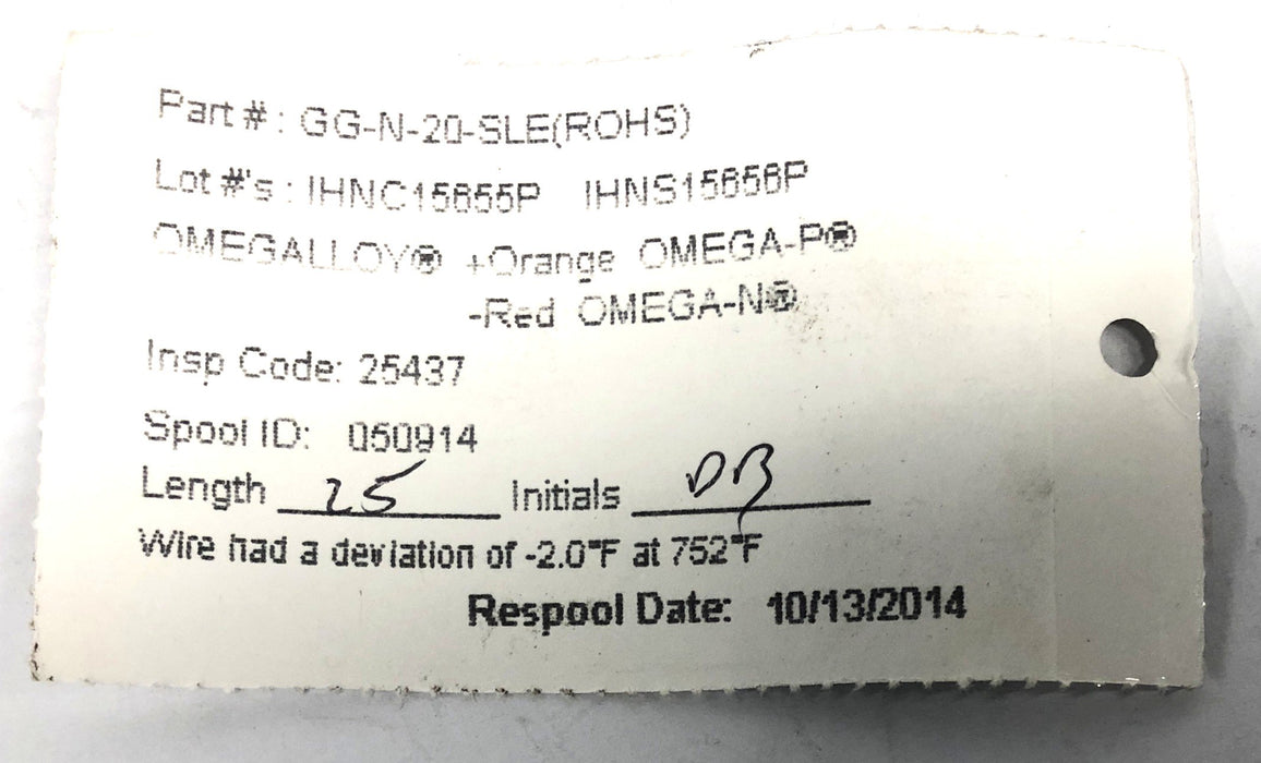Omegalloy 25 Foot Thermocouple Wire GG-N-20-SLE NOS