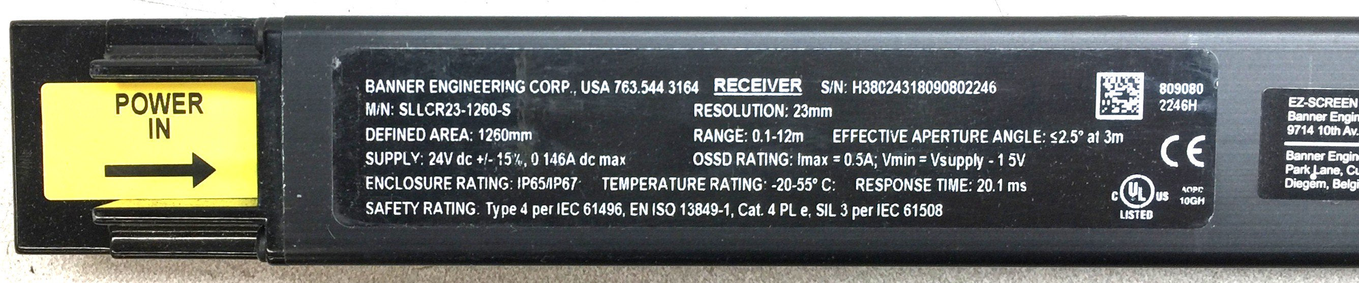 Banner EZ-Screen LS Safety Light Curtain Receiver SLLCR23-1260-S NOS