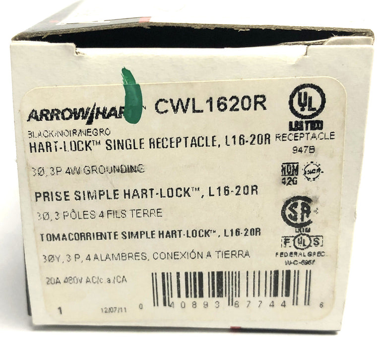 Arrow Hart Hart-Lock Black Single Receptacle CWL1620R (L16-20R) NOS
