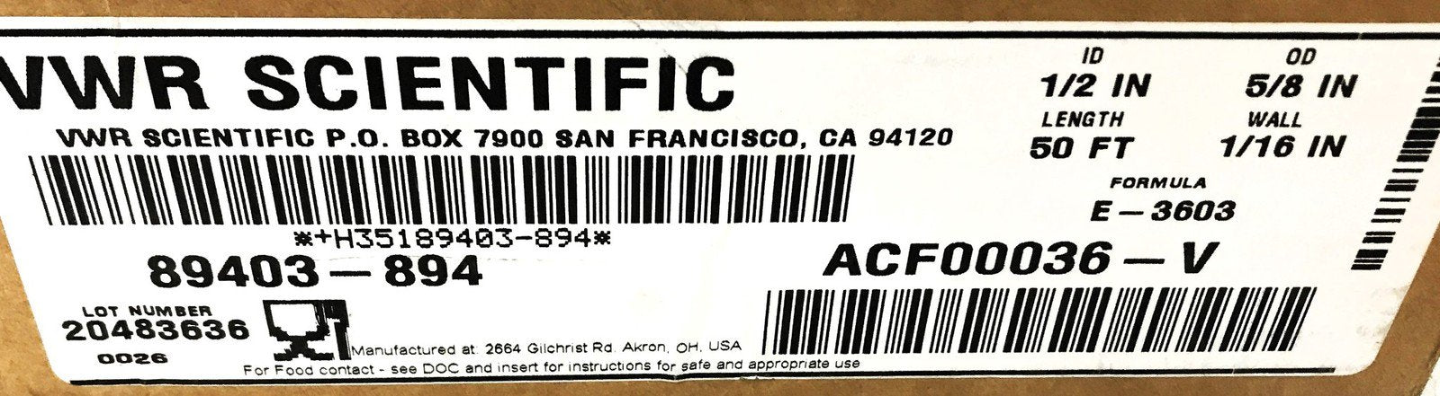 VWR 1/2" ID 5/8" OD 50FT OAL 1/16" Wall Tygon Tubing 89403-894 (ACF00036-V) NOS