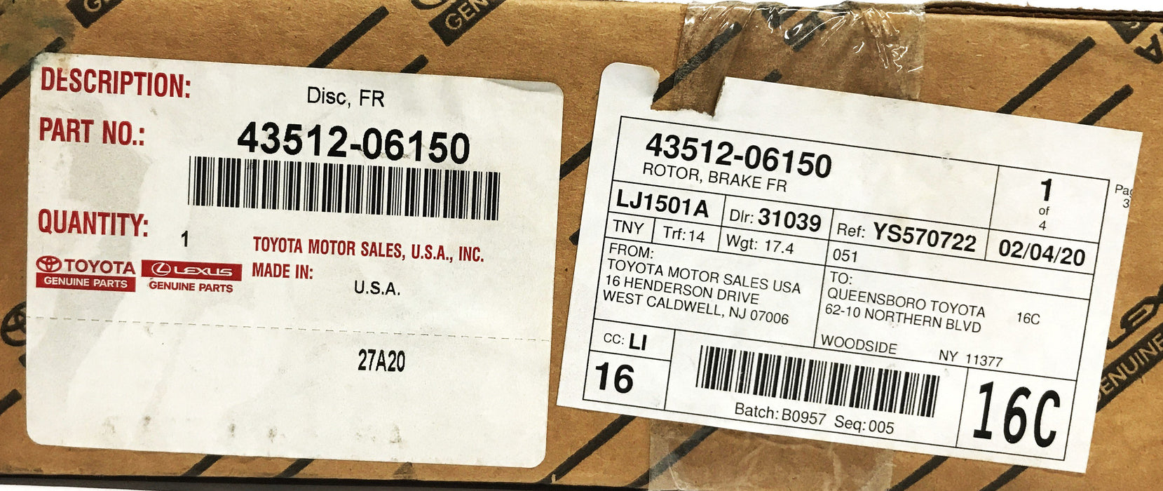 Toyota OEM Front Disc Brake Rotor 43512-06150 NOS