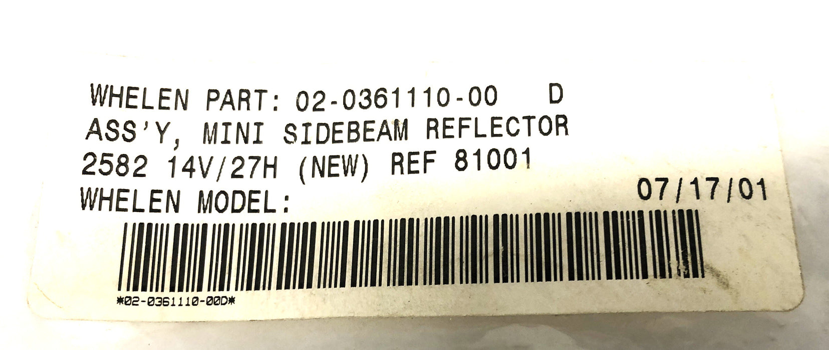 Whelen 14V/12H Mini Sidebeam Reflector Assembly 02-0361110-00 D NOS - GTS SPECIAL