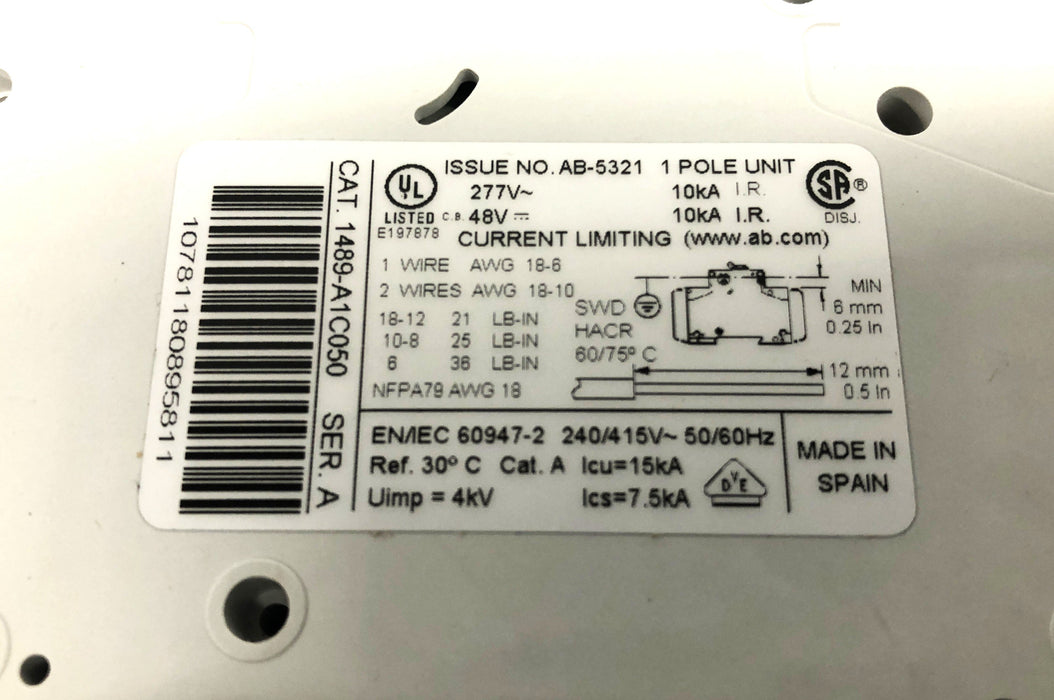 Allen-Bradley 277VAC 48VDC Industrial Circuit Breaker 1489-A1C050 NOS