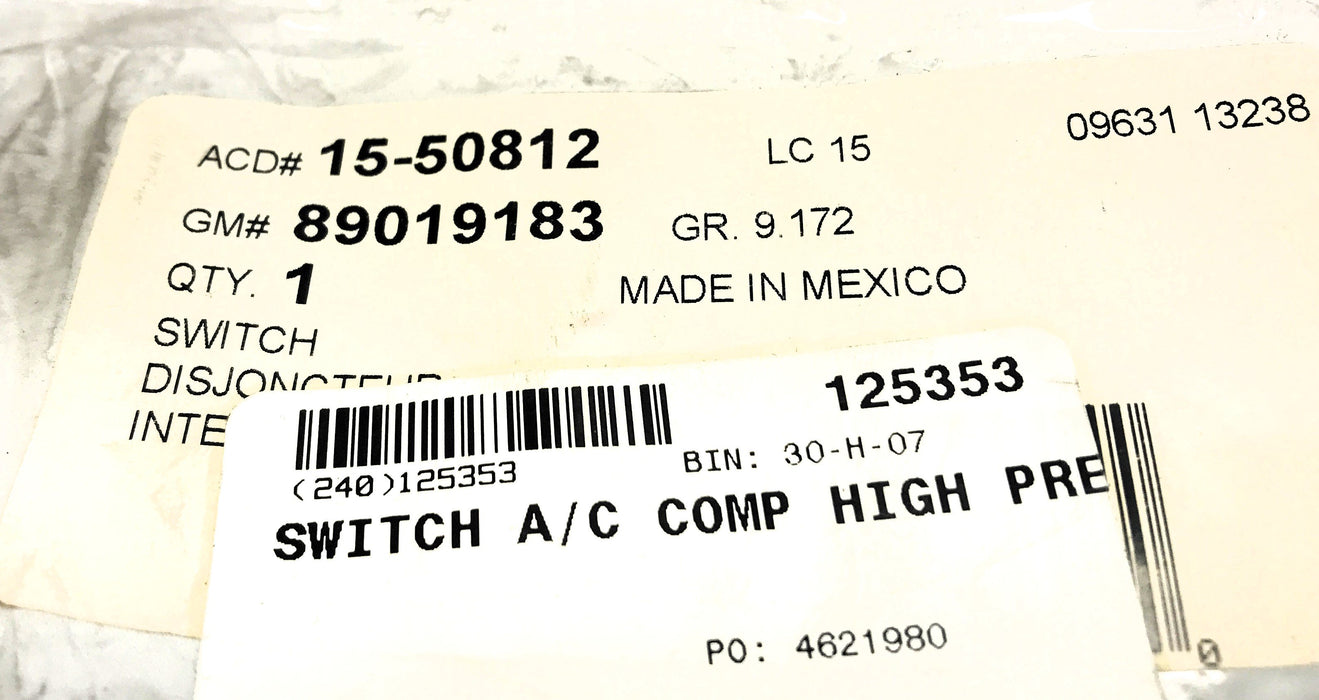 ACDelco A/C Pressure Switch 15-50812 (89019183) NOS