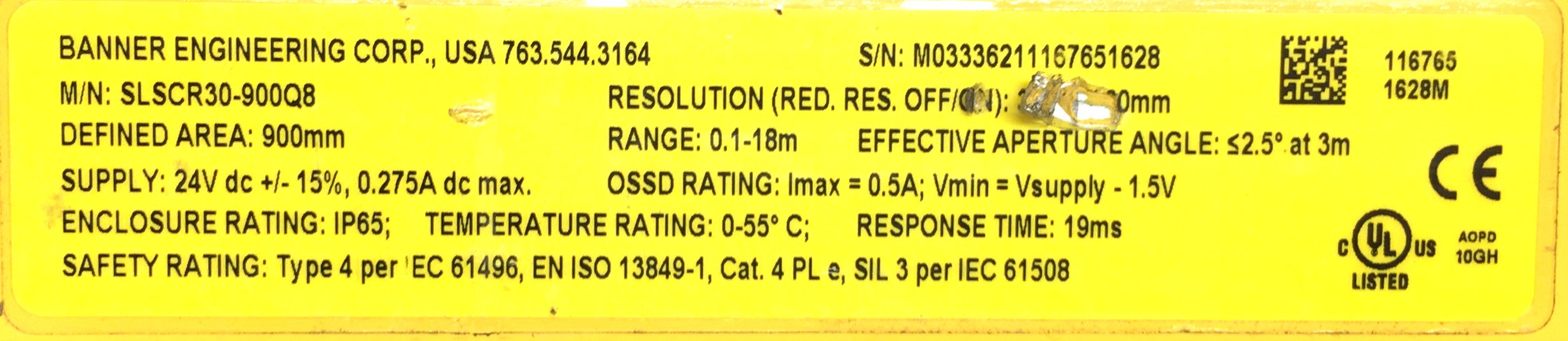 Banner EZ-Screen Safety Light Curtain SLSCR30-900Q8 USED
