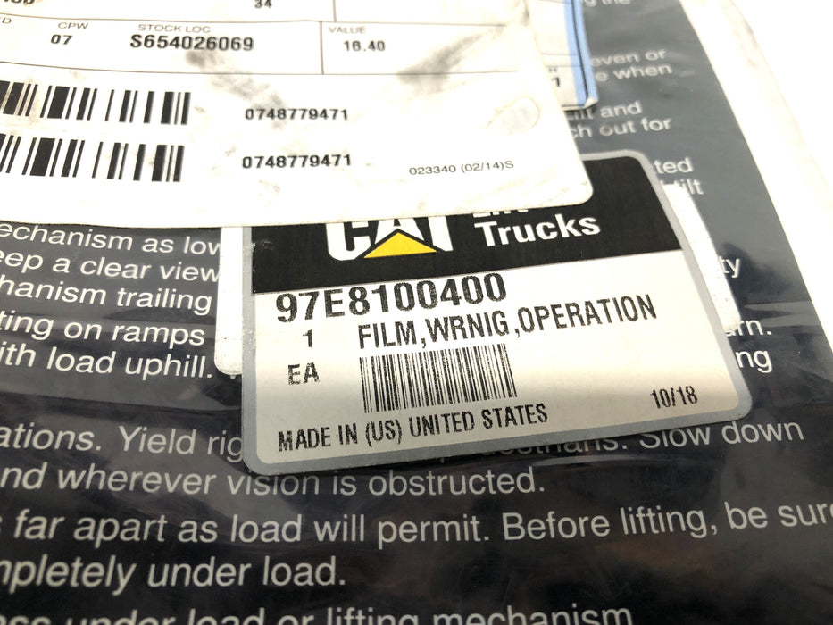 CAT Lift Trucks Warning Decal 97E8100400 NOS