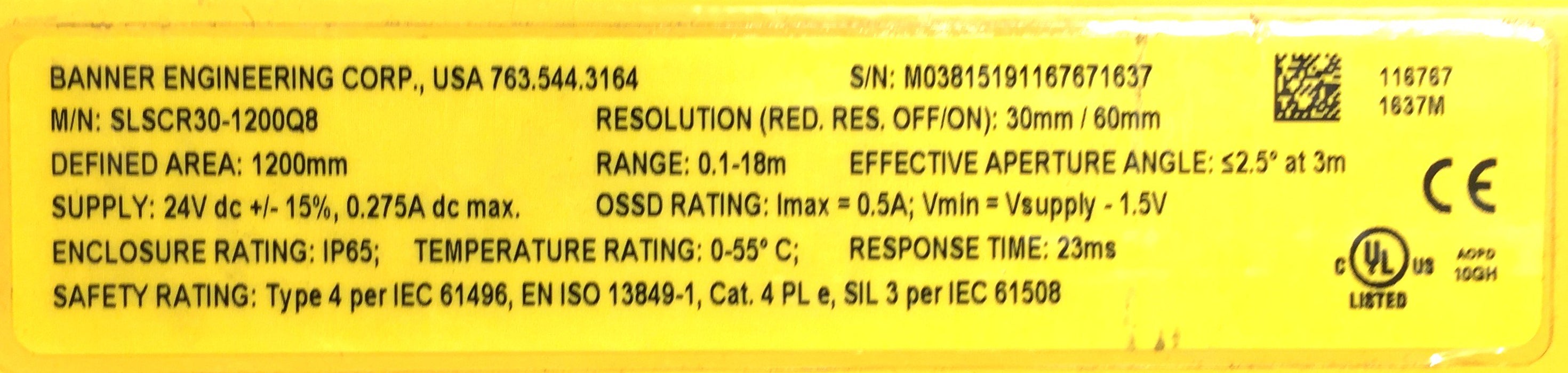 Banner EZ-Screen Light Curtain SLSCR30-1200Q8 USED