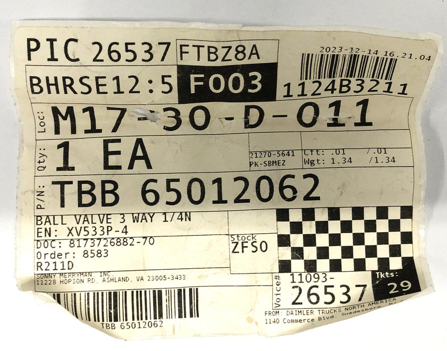Parker 400WOG Air Door Release Valve For Thomas Bus 65012062 NOS