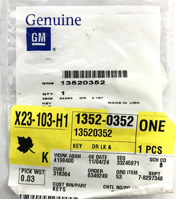 GM OEM Door Lock and Ignition Key 13520352 NOS