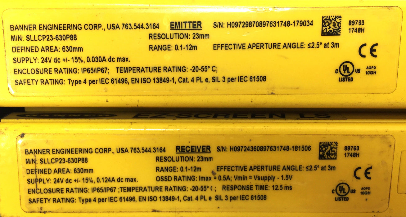 Banner 630mm EZ-Screen LS Safety Curtain Receiver/Emitter SLLCP23-630P88 USED