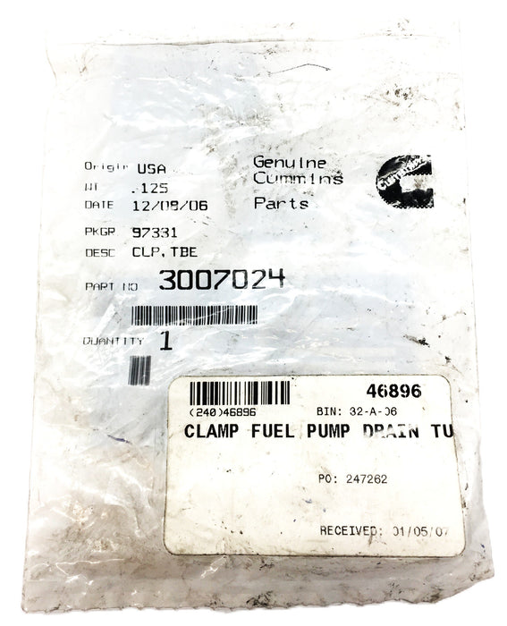 Cummins Fuel Pump Drain Tube Clamp 3007024 NOS