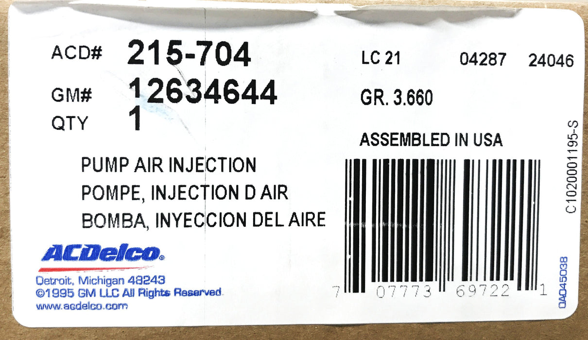 ACDelco Secondary Air Injection Pump 215-704 NOS
