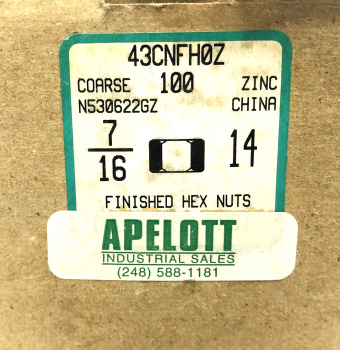 Apelott 7/16 - 14 Finished Hex Nut 43CNFH0Z [Lot of 60] NOS