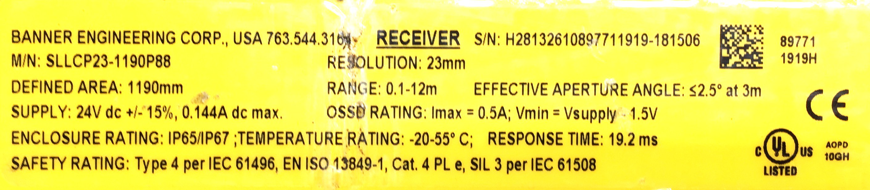Banner EZ-Screen Receiver SLLCP23-1190P88 USED