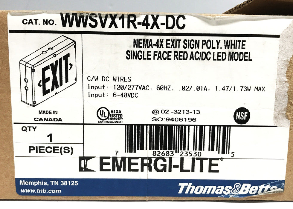 Thomas & Betts Emergi-Lite LED Exit Sign WWSVX1R-4X-DC NOS