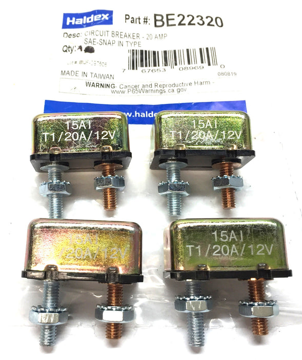 Haldex 20 Amp SAE-Snap In Circuit Breaker BE22320 [Lot of 4] NOS