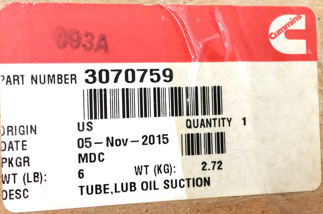 Cummins Lubricating Oil Suction Tube 3070759 NOS
