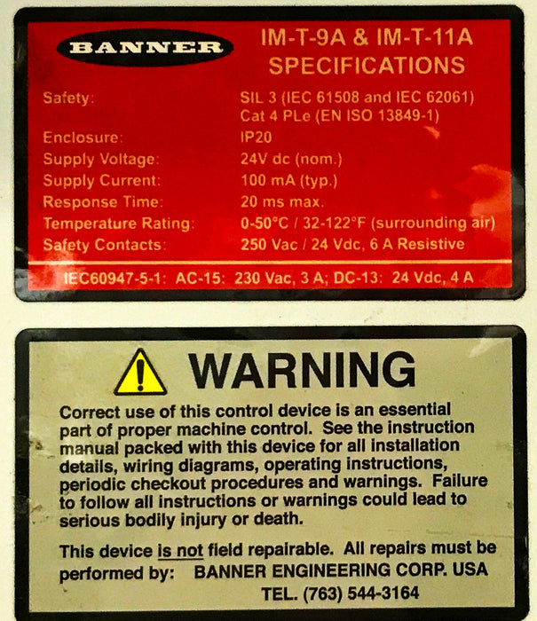 Banner Safety Relay Module 61425-IM-T-9A [Lot of 6] USED
