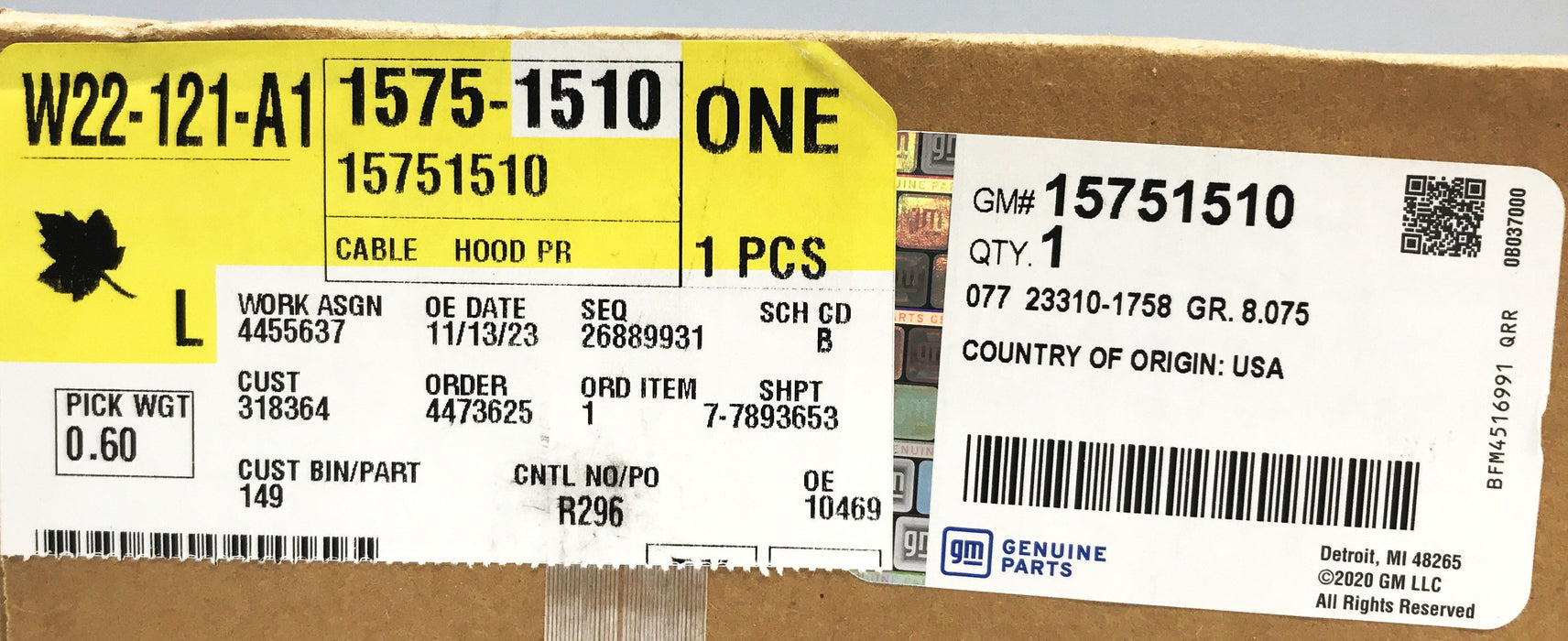 GM Hood OEM Release Cable 1575-1510 NOS